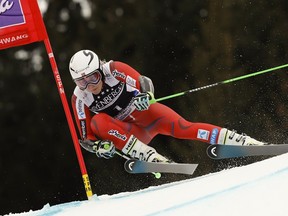 Norway's Ragnhild Mowinckel speeds down the course on her way to set the fastest time during the first run of an alpine ski, women's World Cup giant slalom, in Ofterschwang, Germany, Friday, March 9, 2018.