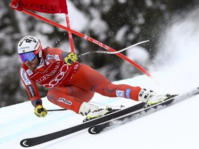 Norway's Kjetil Jansrud speeds down the course during an alpine ski, men's World Cup super-G, in Kvitfjell, Norway, Sunday, March 11, 2018.