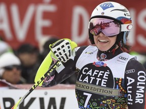 Liechtenstein's Tina Weirather reacts after completing an alpine ski, women's World Cup super-G, in Crans Montana, Switzerland, Saturday, March 3, 2018.