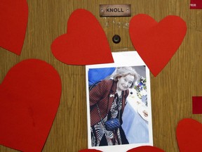 Photo of Mireille Knoll on her apartment door in Paris. She was killed last week in her home. Two suspects have been arrested.