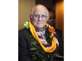 FILE - In this Jan. 20, 2016, file photo, Hawaii Democratic House Speaker Joseph Souki speaks to reporters on opening day of the Hawaii Legislature at the state Capitol in Honolulu. A former speaker of the Hawaii House of Representatives will have to resign by the end of the month to resolve sexual harassment allegations. The Hawaii State Ethics Commission on Wednesday, March 21, 2018, announced the settlement in its investigation of Souki of Maui. The investigation included allegations the 84-year-old Souki sexually harassed multiple women by subjecting them to unwanted kissing, touching and sexual language.