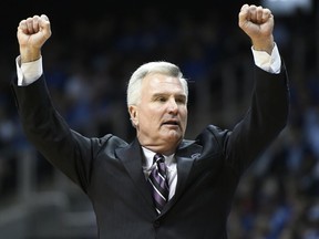 Kansas State head coach Bruce Weber speaks during the first half of a regional semifinal NCAA college basketball tournament game against Kentucky, Thursday, March 22, 2018, in Atlanta.