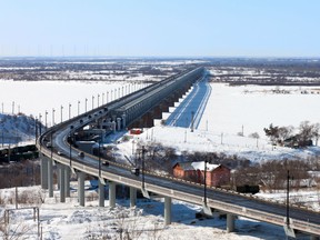 A bridge in Khabarovsk, Russia going over the Amur River.