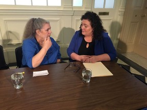 Fran Morrison, left, and Robbie Weatherbee participate in a news conference at the Nova Scotia legislature on Monday, March 19, 2018. The pair say they have both lost relatives to suicide due to inadequate mental health services in Nova Scotia and are advocating for a public inquiry into the province's Health Authority hiring practices of senior mental health officials. The news conference was organized by the Progressive Conservative opposition, which is calling for increased resources for mental health care in Tuesday's provincial budget.