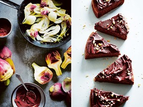 Sabbath Artichoke Salad with Fennel and Harissa, left, and Chocolate Hazelnut Cake