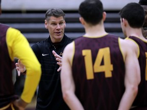 Loyola head coach Porter Moser talks to his team during NCAA college basketball practice in Chicago, Friday, March 9, 2018. Loyola locks up 1st March Madness appearance in 33 years.