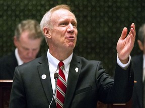FILE - In this Jan. 31, 2018 file photo, Illinois Gov. Bruce Rauner delivers his State of the State  address at the Capitol, in Springfield, Ill. Rauner is trying to win a second term after becoming Illinois' first Republican governor in a decade with promises to shake up Springfield and pass a business-friendly agenda. But first he faces a primary challenge from state Rep. Jeanne Ives, who jumped into the race after he angered conservatives with his actions on issues such as abortion and illegal immigration.(Rich Saal/The State Journal-Register via AP File)/