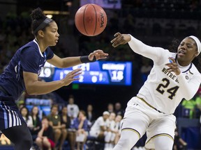 Notre Dame's Arike Ogunbowale, right, passes around Villanova's Jannah Tucker, left, during a second-round game in the NCAA women's college basketball tournament Sunday, March 18, 2018, in South Bend, Ind.