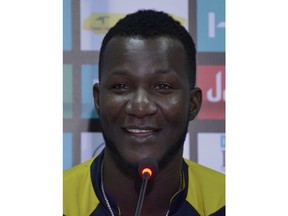 Darren Sammy, skipper of Peshawar Zalmi cricket team speaks during a press conference in Karachi, Pakistan, Saturday, March 24, 2018. Pakistan's biggest city will witness a high-profile cricket match for the first time in nine years on Sunday when the Pakistan Super League final is staged amid heavy security at a newly renovated National Stadium in Karachi.