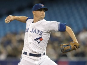 Toronto Blue Jays' starting pitcher Aaron Sanchez lets go with a pitch during AL East Division action against the New York Yankees Friday at the Rogers Centre. Sanchez pitched 5.2 innings, allowing four runs and eight hits in a 4-2 Jays' loss, their second in as many nights.
