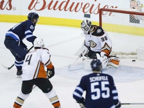 For the second straight game, it was Kyle Connor, left, scoring the game-winning goal in overtime for the Winnipeg Jets in NHL action against the Anaheim Ducks Friday night in Winnipeg. Connor's goal past John Gibson gave the Jets a 3-2 victory.