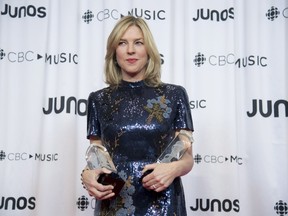 Diana Krall celebrates her Junos for Vocal Jazz Album of the Year and Producer of the Year at the Juno Gala Dinner and Awards show in Vancouver, Saturday, March 24, 2018.