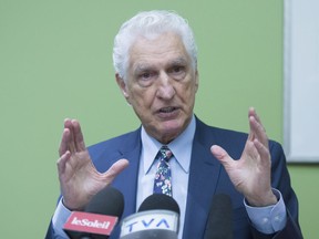 Lawyer Guy Bertrand speaks at a news conference where he confirmed, on behalf of Bloc Quebecois Leader Martine Ouellet, he served papers to TVA and political commentators of La Joute, over comments they made, Friday, March 23, 2018 in Quebec City.