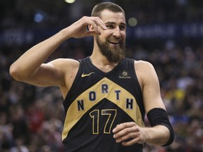 Toronto Raptors centre Jonas Valanciunas gestures against the Houston Rockets on March 9.