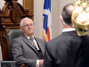 Newfoundland and Labrador Lieutenant Governor Frank Fagan is introduced before reading the speech from the throne in the House of Assembly in St. John's on Tuesday, March 13, 2018.