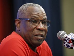 FILE - In this Oct. 6, 2017 file photo, Washington Nationals manager Dusty Baker speaks during a media availability before Game 1 of baseball's National League Division Series, at Nationals Park in Washington. The San Francisco Giants announced that Baker will return to the organization as a Special Advisor to the CEO and will perform duties both on the baseball and business side, Monday, March 26, 2018.