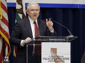 FILE - In this March 7, 2018, file photo, U.S. Attorney General Jeff Sessions addresses the California Peace Officers' Association at the 26th Annual Law Enforcement Legislative Day in Sacramento, Calif. Orange County is considering two proposals to fight back against California's so-called sanctuary law for immigrants. The backlash to the state's effort to protect immigrants from stepped up deportations under the Trump administration comes a week after Los Alamitos voted to seek to exempt itself from the law.