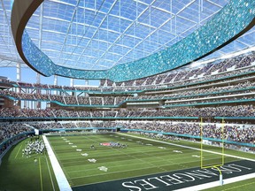 This architectural rendering provided by LA Stadium at Hollywood Park shows the south east seating view of the National Football League's Los Angeles Rams and Los Angeles Chargers. The teams will begin selling season tickets March 13, 2018, for the stadium's opening tentatively scheduled for the 2020 NFL football season. (LA Stadium at Hollywood Park via AP)