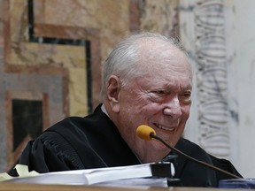 FILE - In this Sept. 8, 2014, file pool photo, Judge Stephen Reinhardt listens to arguments on gay marriage bans at the 9th U.S. Circuit Court of Appeals in San Francisco. Judge Reinhardt, a liberal stalwart on the U.S. 9th Circuit Court of Appeals, has died in Los Angeles. He was 87. Court spokesman David Madden says Reinhardt died Thursday, March 29, 2018, of a heart attack during a visit to a dermatologist. 9th Circuit Chief Judge Sidney Thomas called Reinhardt a deeply principled jurist who will be remembered as one of the giants of the federal bench.