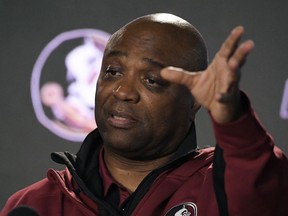 Florida State head coach Leonard Hamilton speaks during a news conference at the NCAA men's college basketball tournament Friday, March 23, 2018, in Los Angeles.