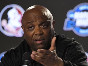 Florida State head coach Leonard Hamilton speaks during a news conference at the NCAA men's college basketball tournament, Wednesday, March 21, 2018, in Los Angeles. Florida State faces Gonzaga in a regional semifinal on Thursday.