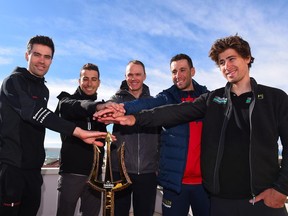 From left, Tom Dumoulin, Fabio Aru, Christopher Froome, Vincenzo Nibali and Peter Sagan pose during a press conference to present the 53rd edition of the Tirreno - Adriatico cycling race in Lido di Camaiore, Italy, Tuesday, March 6, 2018.
