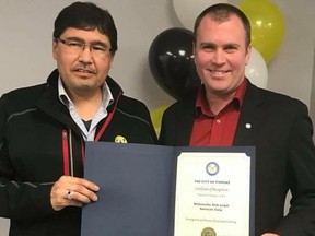 Timmins, Ont. Mayor Steve Black (right) at opening of the Nishnawbe Aski Legal Services Corporation's office last month. 
Black says the two recent Indigenous deaths have "highlighted the need to talk about issues of race and discrimination."