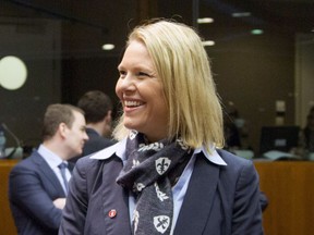 FILE - In this file photo dated Thursday, March 10, 2016, Norway's Sylvi Listhaug, speaks during a meeting of EU justice ministers at the EU Council building in Brussels.  A potential collapse of the minority Norwegian government was averted Tuesday March 20, 2018, after Justice Minister Sylvi Listhaug resigned for writing a Facebook post claiming the opposition Labor Party was more interested in protecting the rights of terrorists than the Norwegian people.