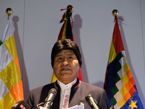 Bolivian President Evo Morales speaks to the media after a hearing at the International Court of Justice, in The Hague, Netherlands, Tuesday, March 20, 2018. Land-locked Bolivia is asking the UN court to order Chile to negotiate access to the Pacific Ocean for Bolivia.