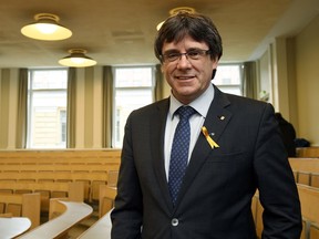 Deposed leader of Catalonia's pro-independence party Carles Puigdemont ahead of his lecture at the University of Helsinki, Finland, Friday March 23, 2018.