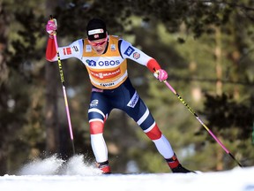 Norway's Johannes Hostflot Klaebo in action during the FIS World Cup sprint qualification in Falun, Sweden, Friday March 16, 2018.