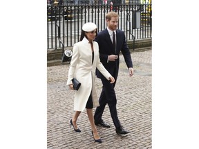 Britain's Prince Harry and Meghan Markle, arrive for the Commonwealth Service at Westminster Abbey in London, Monday March 12, 2018.