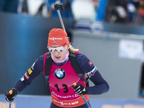 Anastasiya Kuzmina from Slovakia goes on to win the IBU World Cup Biathlon women's 7.5 km Sprint Competition in Holmenkollen, Oslo, Norway, Thursday March 15, 2018.