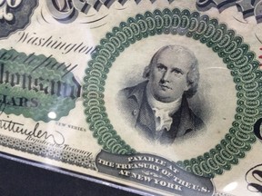 A depiction of Declaration of Independence signer Robert Morris is seen on the front of an 1863 $1,000 bill, Wednesday, March 21, 2018, in Baltimore. The rare bill is expected to sell for around $1 million when it goes up for auction in Baltimore Thursday.