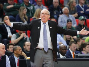 Syracuse head coach Jim Boeheim argues a call against Michigan State during the first half of an NCAA men's college basketball tournament second-round game in Detroit, Sunday, March 18, 2018.
