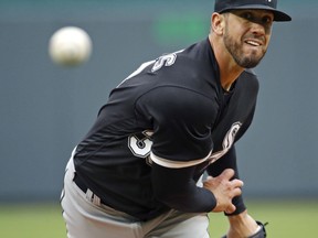 Chicago White Sox starting pitcher James Shields throws during the first inning of a baseball game against the Kansas City Royals Thursday, March 29, 2018, in Kansas City, Mo.