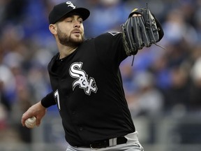 Chicago White Sox starting pitcher Lucas Giolito delivers to a Kansas City Royals batter during the first inning of a baseball game at Kauffman Stadium in Kansas City, Mo., Saturday, March 31, 2018.