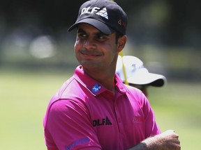 India's Shubhankar Sharma smiles after teeing off on the first hole in the third round of the Mexico Championship at the Chapultepec Golf Club in in Mexico City, Saturday, March 3, 2018.