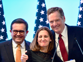 NAFTA negotiators Mexican Economy Minister Idelfonso Guajardo, Canadian Minister of Foreign Affairs, Chrystia Freeland and U.S. Trade Representative Robert Lighthizer in Mexico City on March 5, 2018.