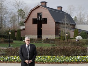 Franklin Graham speaks to the media in front of the Billy Graham Library after greeting former President George W. Bush and wife Laura Bush, who came to pay their respects to Billy Graham during a public viewing in Charlotte, N.C., Monday, Feb. 26, 2018.
