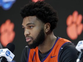 Clemson guard Gabe DeVoe speaks during a news conference at the NCAA men's college basketball tournament, Thursday, March 22, 2018, in Omaha, Neb. Clemson faces Kansas in a regional semifinal on Friday.