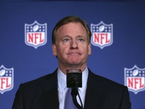 In this Dec. 13, 2017 file photo, Roger Goodell speaks to the press at the NFL owners' winter meeting in Irving, Tex.