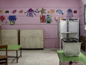 An empty polling station on the third day of the presidential election inside a polling station in the popular district of Shubra, Cairo, Egypt Wednesday, March 28, 2018.