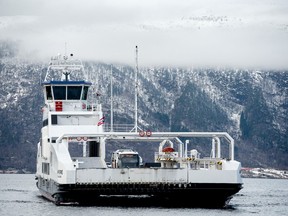 The MF Ampere, a zero-emissions ferry, sails  along the Sognefjord near Bergen, Norway on Feb. 21, 2018.