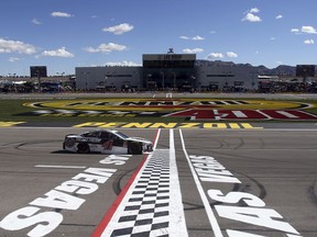 Kevin Harvick passes the start/finish line during a NASCAR Cup series auto race Sunday, March 4, 2018, in Las Vegas.