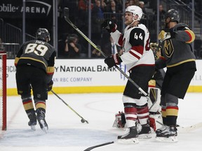 Arizona Coyotes defenseman Kevin Connauton (44) celebrates after scoring against the Vegas Golden Knights during the first period of an NHL hockey game, Wednesday, March 28, 2018, in Las Vegas.