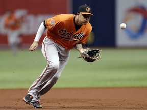 FILE - In this Sept. 30, 2017, file photo, Baltimore Orioles third baseman Manny Machado fields a ground ball by Tampa Bay Rays' Wilson Ramos during the first inning of a baseball game in St. Petersburg, Fla. In what could be his final season with the Orioles, Machado has made a seamless move from third base to shortstop.