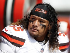FILE - In this Sept. 10, 2017 file photo, Cleveland Browns nose tackle Danny Shelton (55) sits on the sideline during the first half of an NFL football game against the Pittsburgh Steelers in Cleveland. A person familiar with the negotiations said Saturday, March 10, 2018, that the Browns have agreed to trade Shelton to the New England Patriots for a conditional draft pick. The person spoke to The Associated Press on condition of anonymity because NFL rules prohibit teams from announcing deals until next week when free agency begins.
