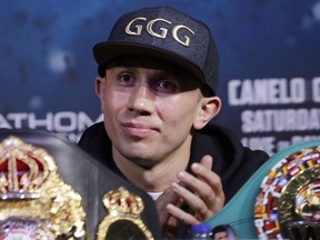 FILE - In this Sept. 13, 2017, file photo, Gennady Golovkin attends a news conference in Las Vegas. Golovkin is in training camp for a fight that might not happen. The unbeaten middleweight champion is waiting to hear whether his rematch with Saul Alvarez on May 5 will be canceled after Canelo failed a doping test.