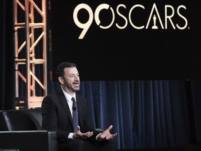 FILE - In this Jan. 8, 2018, file photo, Jimmy Kimmel participates in the "Jimmy Kimmel Live and 90th Oscars" panel during the Disney/ABC Television Critics Association Winter Press Tour in Pasadena, Calif. Kimmel says he wants to keep people laughing and let winners set the agenda for Sunday's Oscars ceremony. The late-night comedian is returning for his second stint as Oscars host. Kimmel tells The Associated Press that while he's been politically pointed on his ABC show, his main goal is to keep people laughing and "appropriately honor" the people who he notes "have dreaming of this night their whole lives."